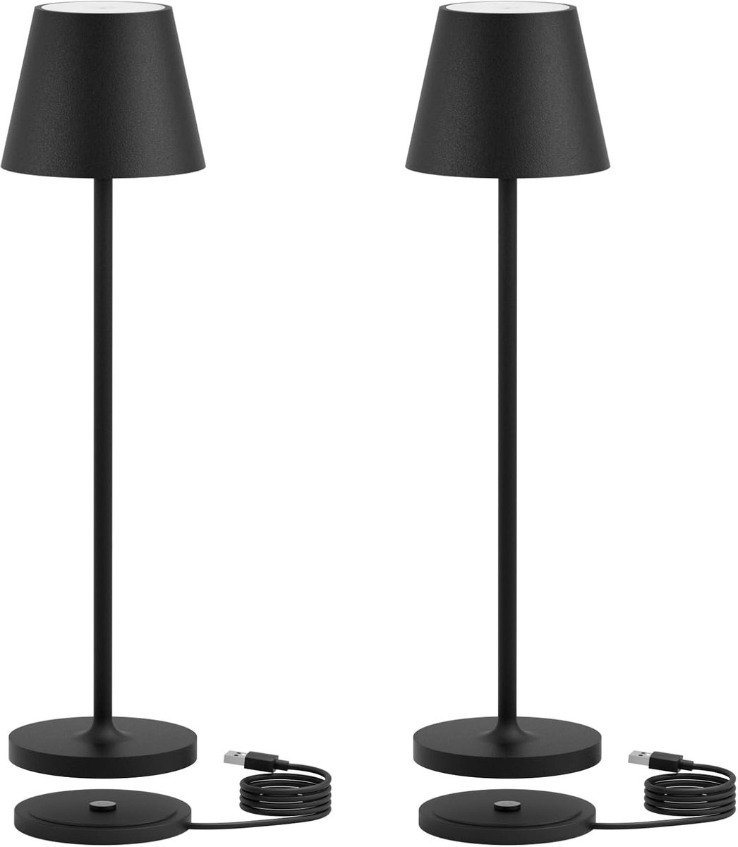 SnelShoppen - 2 stuks mini-led-tafellamp 27,5 cm met batterij, warme lichtkleur, IP54 waterdicht, USB-laadstation, zwart voor binnen en buiten, ideaal