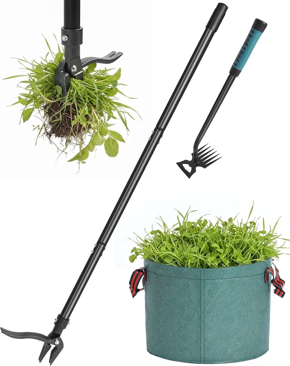SnelShoppen - Onkruidstecher Set met Langen Stiel (ca. 114 cm), Stand-Up Onkruidverwijderaar met 4 Klauwen, Inclusief Handrechen & 50L Tuinafvalsac, M