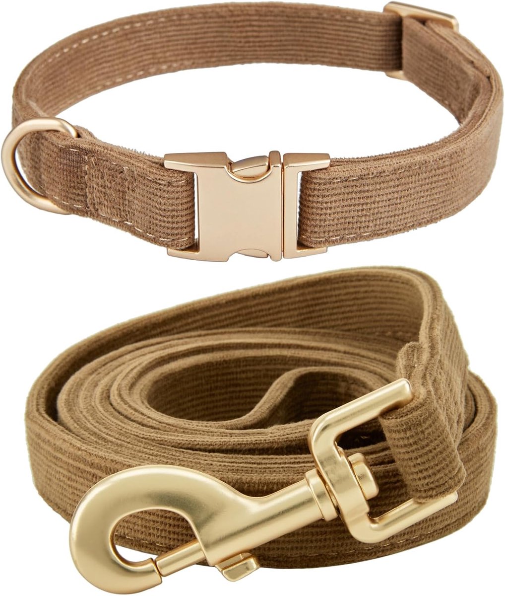 SnelShoppen - Hondenhalsband en Lijn Set Klein, Zachte en Irritatievrije Corduroy Halsband, Bijpassende Combo voor Dagelijkse Wandelingen in Bruin