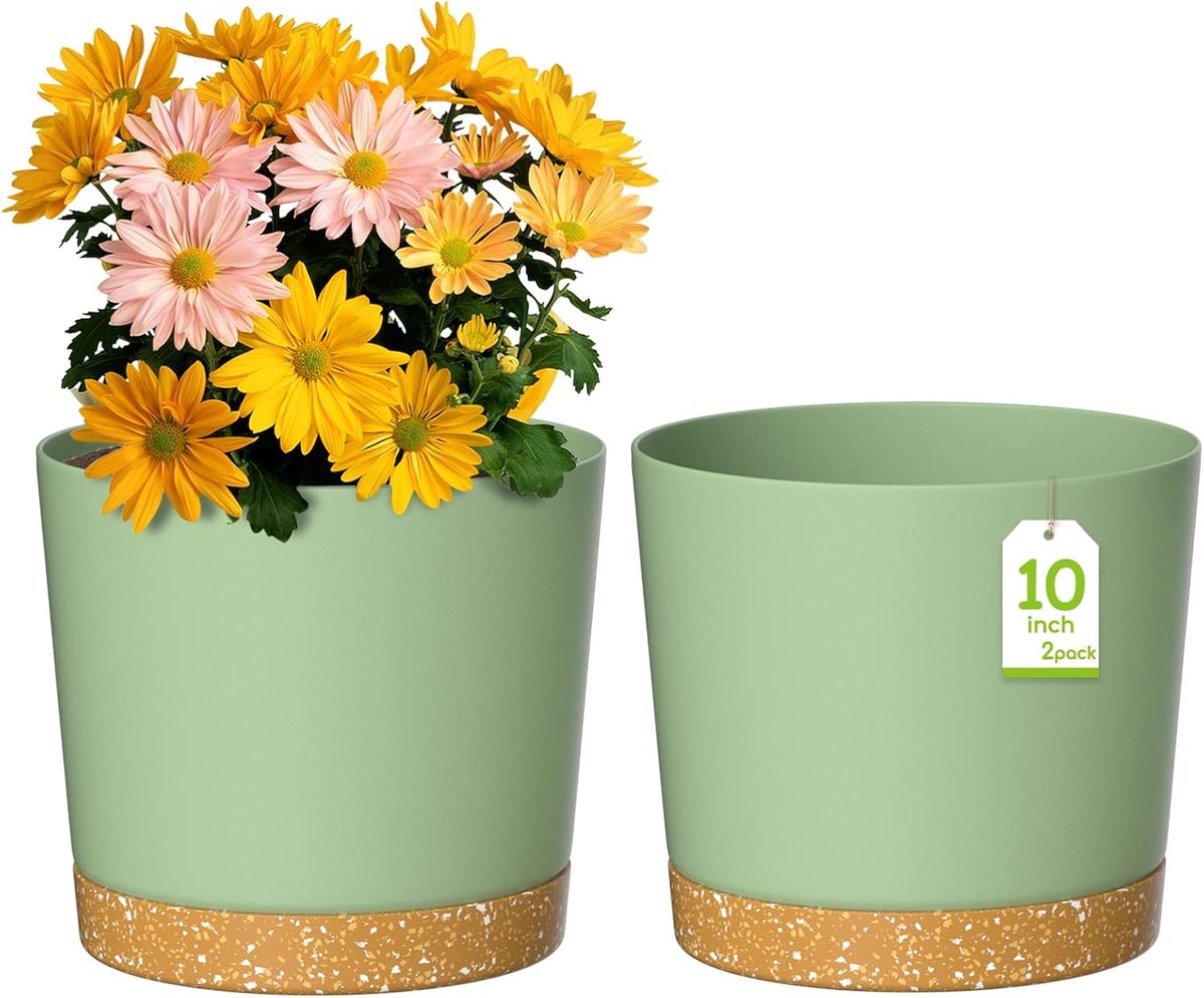 SnelShoppen - Set van 2 Ronde Kunststof Bloempotten 25 cm met Onderzetter en Afvoergaten - Groene Plantenpotten voor Binnen en Buiten - Ideaal voor Ka