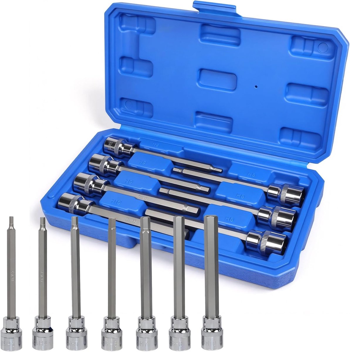 SnelShoppen - 7-delige lange steeksleutelset 3/8 inch, hexagon sleutelset, H3 H4 H5 H6 H7 H8 H10, 110 mm, CV staal, professioneel gebruik