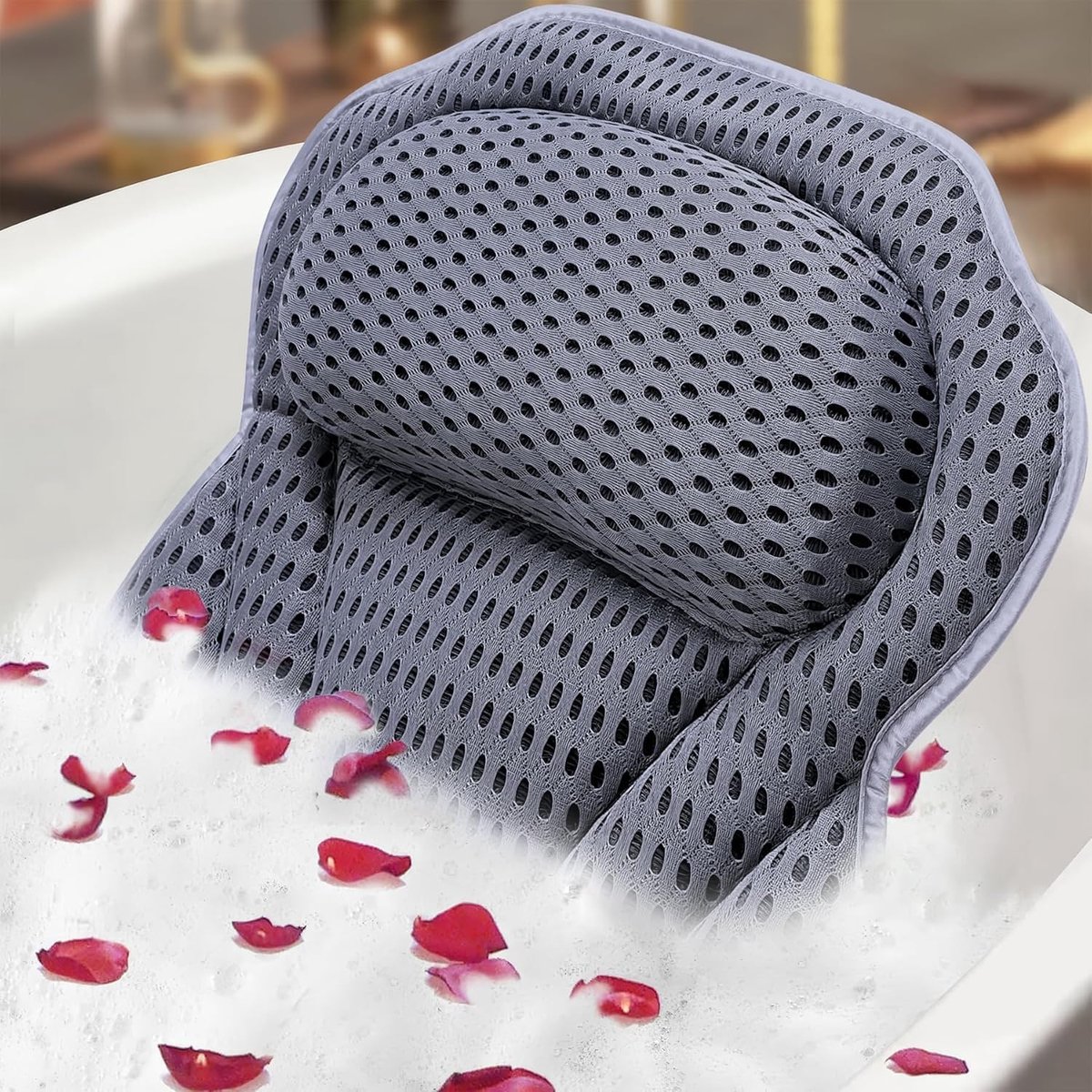 SnelShoppen - Ergonomisch Badkussen met 6 Zuignappen, Luxe Neksteun, Zacht 3D Air Mesh voor Hoofd, Rug en Schouders, Wasbaar en Ideaal voor Badkuip en