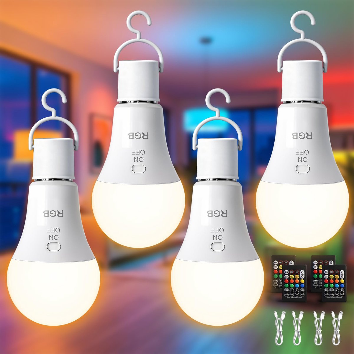 SnelShoppen - E27 RGB-lamp oplaadbaar met afstandsbediening, batterij, dimbaar, USB, 7 W, 4 stuks - Perfect voor feest, camping, tuin, kinderen