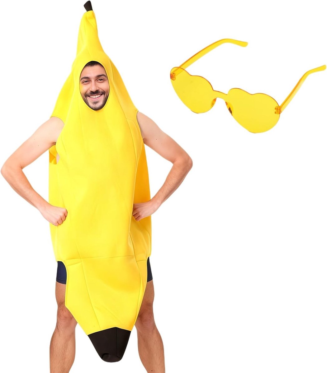Grappig Bananen Kostuum voor Volwassenen Unisex met Gele Bril voor Carnaval, Halloween en Cosplay Feest, Leuk Kostuum voor Mannen en Vrouwen, Maat 150-175 cm