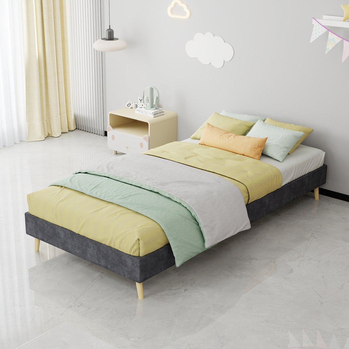 DESMIU Bed 90x200 cm – Eenpersoonsbed Met Lage Bedombouw – Zonder Hoofdbord – Voor Slaapkamer – Stof En Metaal – Grijs – Zonder Matras