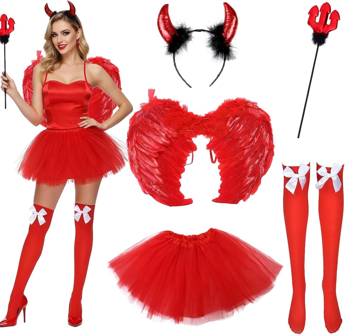 Vrouwelijk duivelskostuum 5-delig met hoorns, vleugels en accessoires voor Halloween en carnaval, inclusief rode tule rok en toverstaf