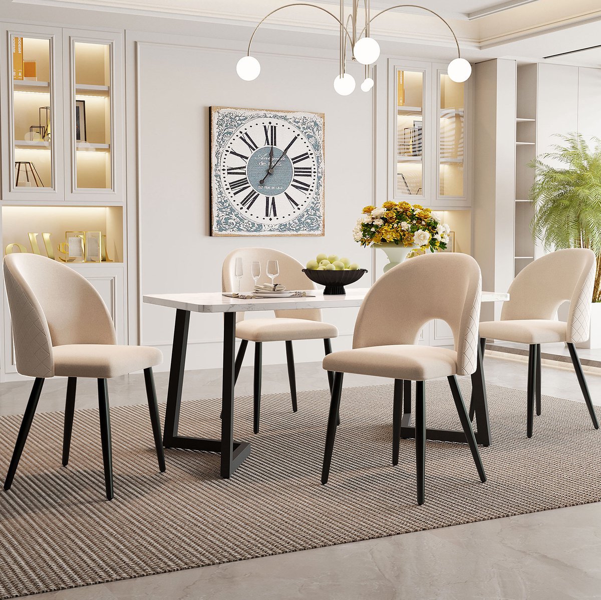 COVREO Eetkamerset 117x68 cm beige, metalen tafel met 4 fluwelen stoelen