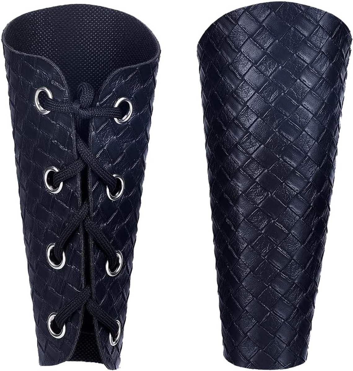 2PCS Middeleeuwse Armbeschermers Zwarte Leren Handschoenen Polsbanden Woven Ruit PU Lederen Boogschieten Bracers Verstelbare Arm Bescherming voor Halloween en Gothic Rollenspel