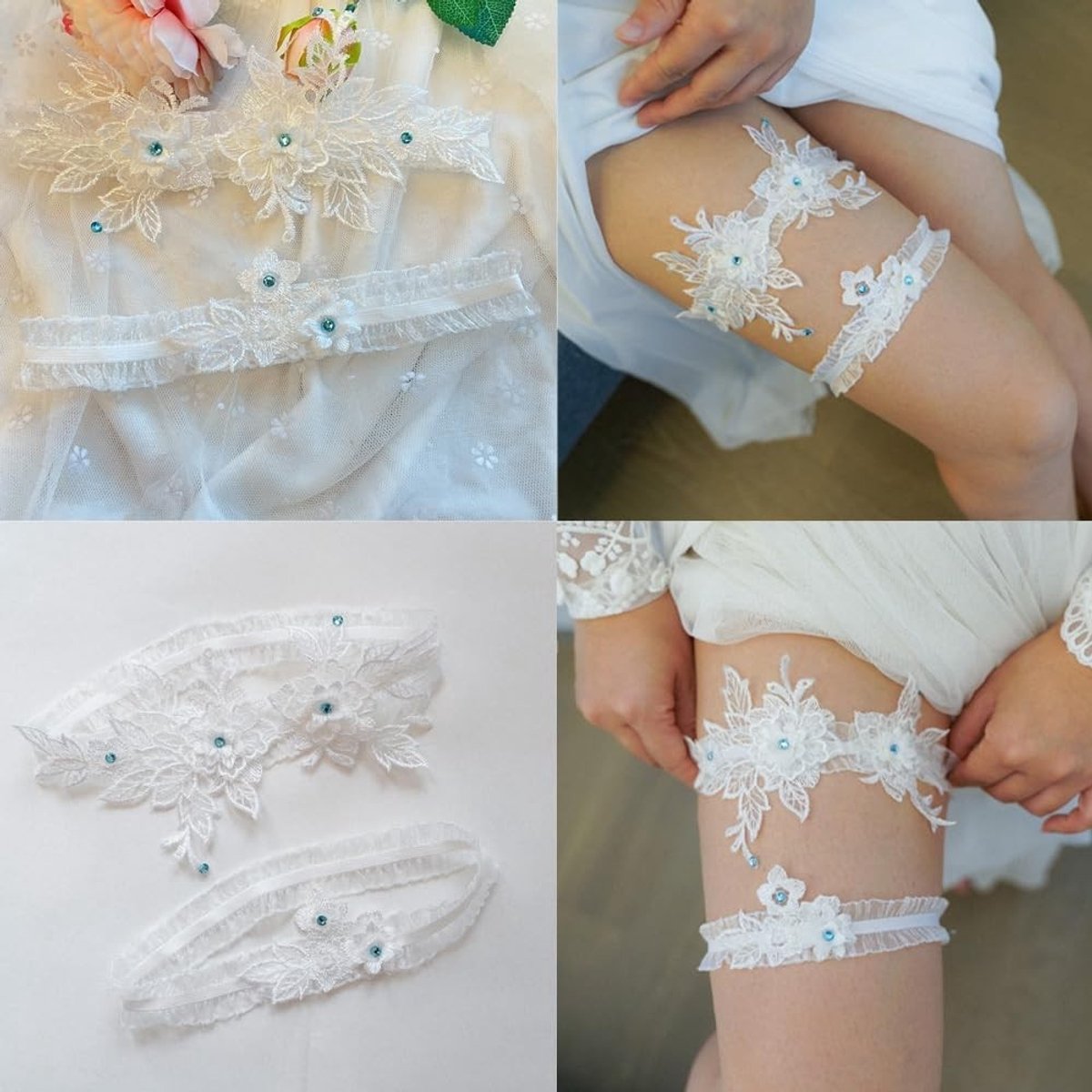 Twee Delige Garter Set met Borduursel en Kanten voor Bruid - Sexy Rekbare Dijenband voor Bruiloft, Bruidsaccessoires en Floral Design in Blauw, One Size