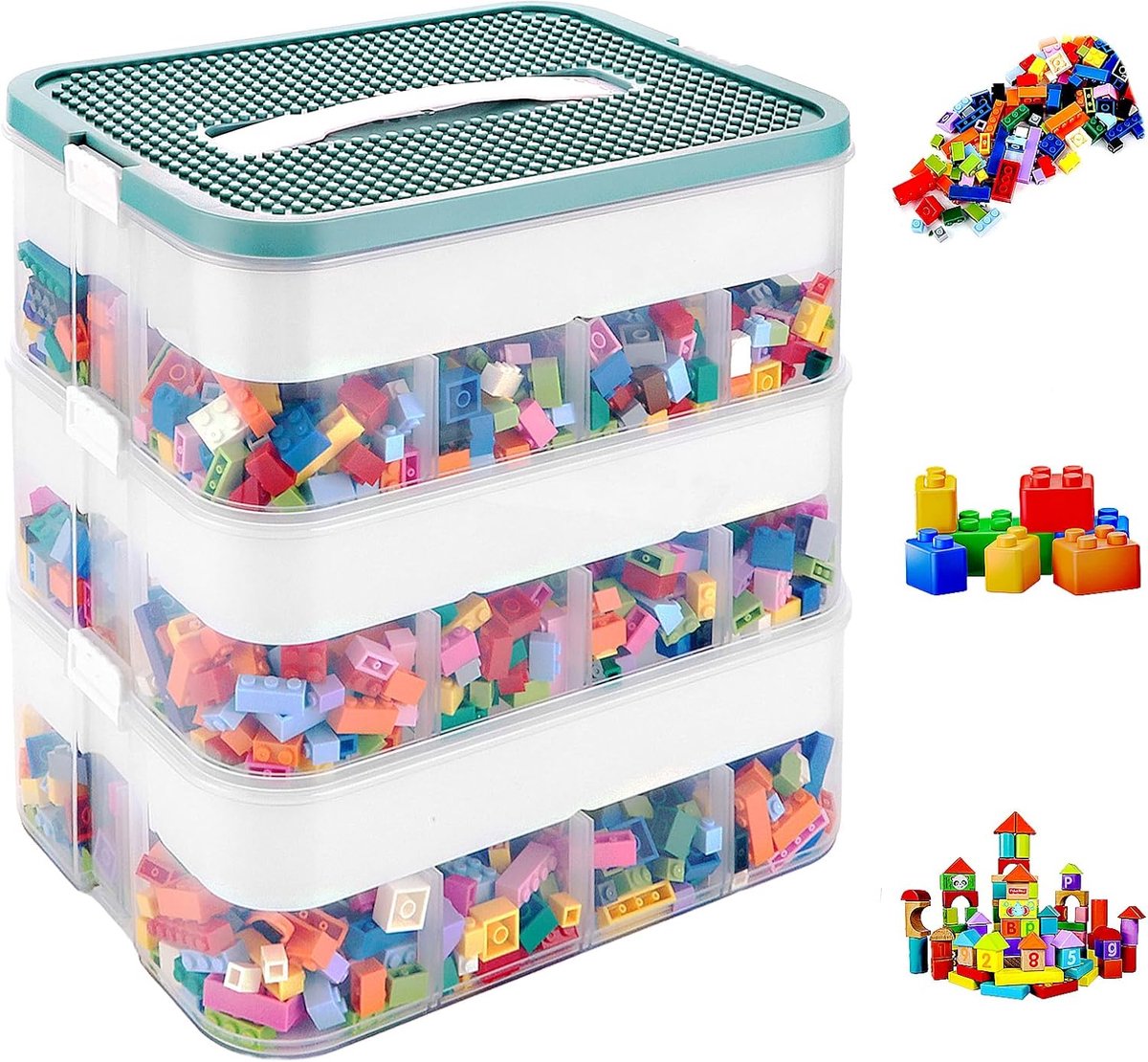 Thijox - Opbergbox met Deksel voor Bouwstenen 30,5 x 23 x 32,5 cm, 3-Laags Sorteerbox, Transparante Kunststof Organizer voor Speelgoed, Puzzels en Knu