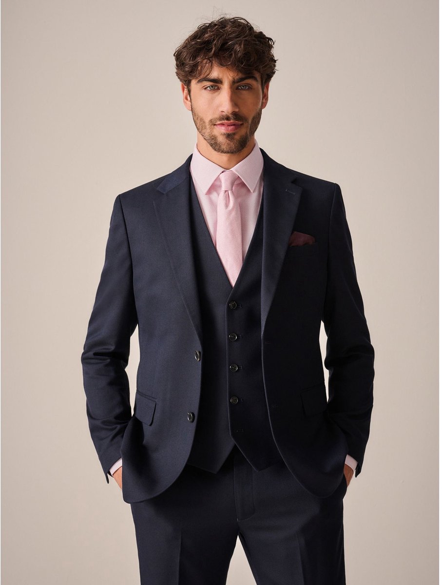 Next - Heren - Slim Fit - Kostuum met textuur: colbert - Long - Blauw