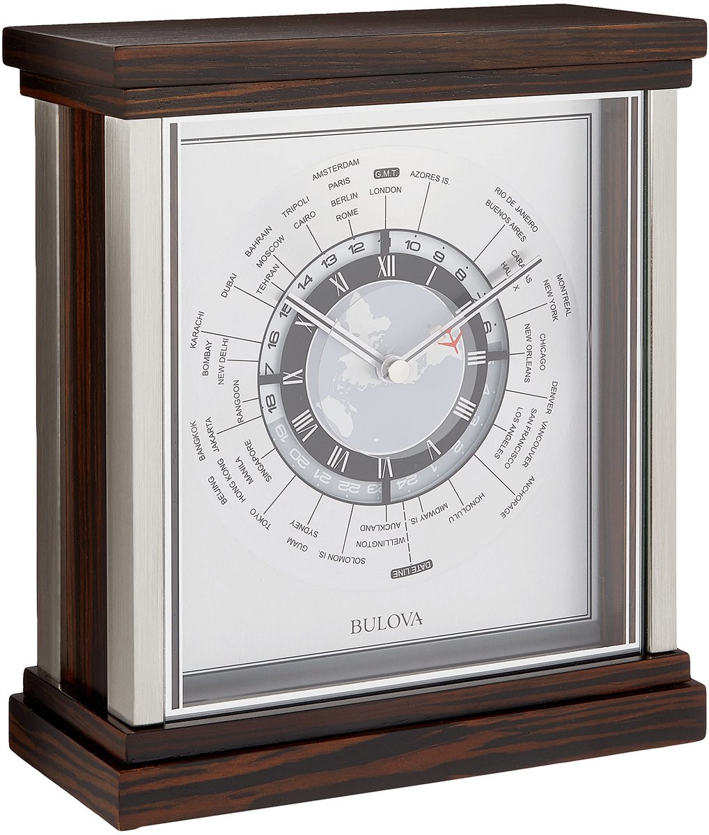 SnelShoppen - Bulova B2258 Wyndmere Wereld Tijd Klok - Luxe Wandklok met Wereldtijdweergave, Stijlvol Design, Zwart en Zilver, Ideaal voor Thuis of Ka