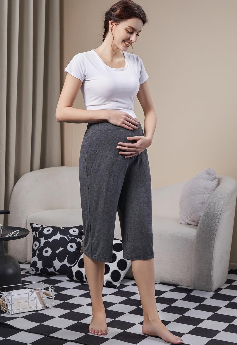 SnelShoppen - ZUMIY Zwangerschapsbroek Lounge, Capribroek Boven de Buik, Stretch Sweatpants, Viscose Lichtgewicht, Zacht, Ontspannend met Zakken (L, G