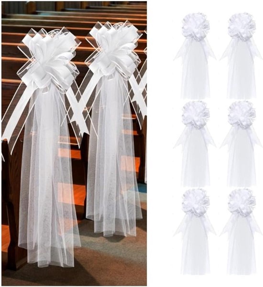 Set van 8 Lange Tulle Stoelbogen voor Bruiloft - Decoratie voor Kerkbanken, Feestlocaties en Auto's met Grote Strikken