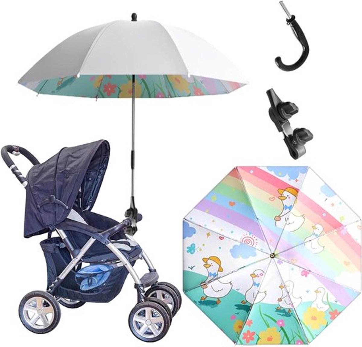 Zonwerende Paraplu Kinderwagen - UPF50+ Bescherming - Diameter 85 cm - Titaniumzilver Coating - Verstelbare Clip - Parapluhandvat - Rode Brug Spelen