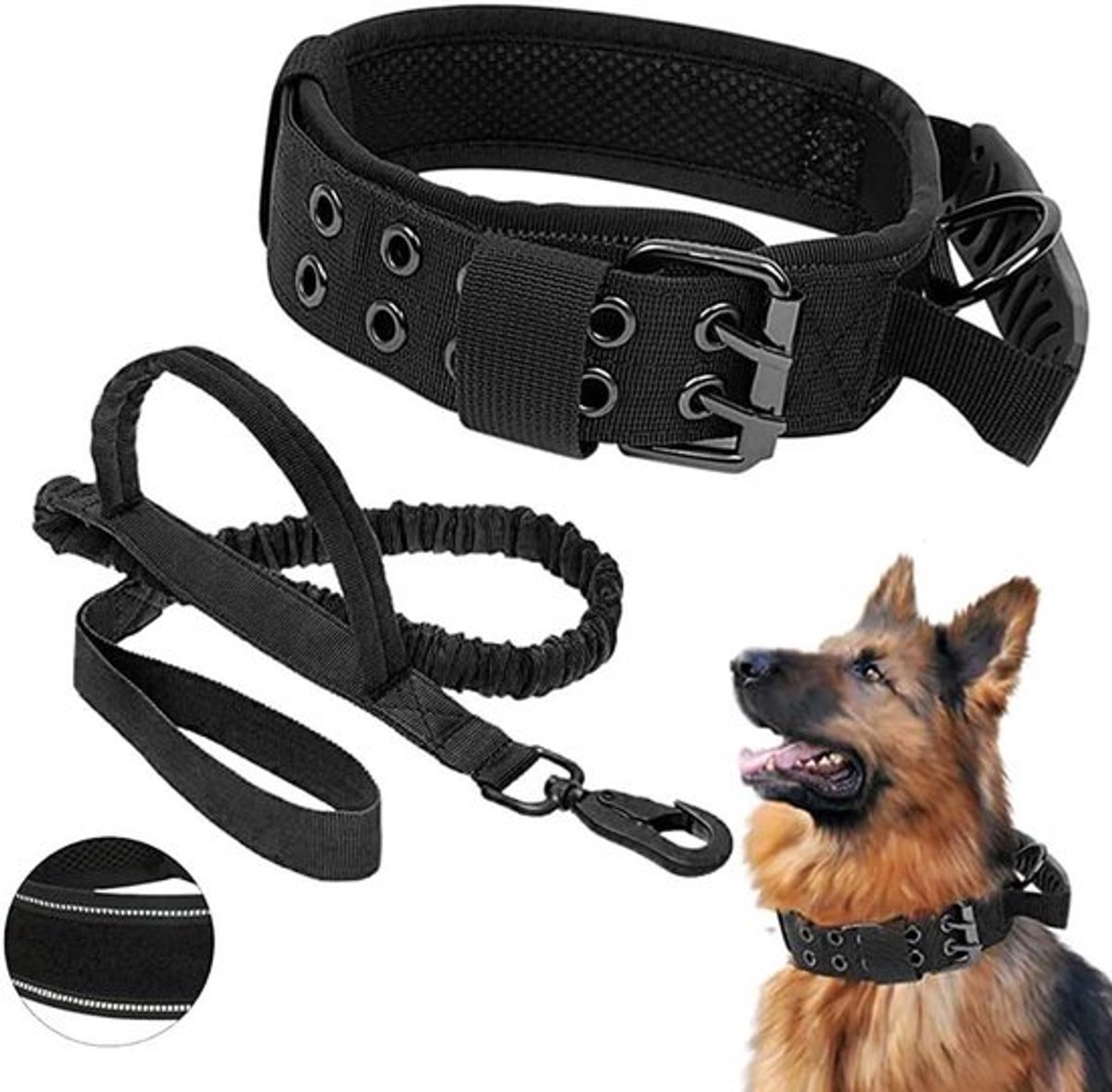 Reflecterende tactische hondenhalsband met handvat, verstelbaar en robuust - militaire stijl - voor middelgrote en grote honden