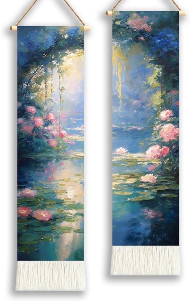 Olieverfschilderij verticaal wandtapijt 130 x 33 cm met lotusvijver en kwastjes voor stijlvolle woondecoratie in slaapkamer, woonkamer en zithoek