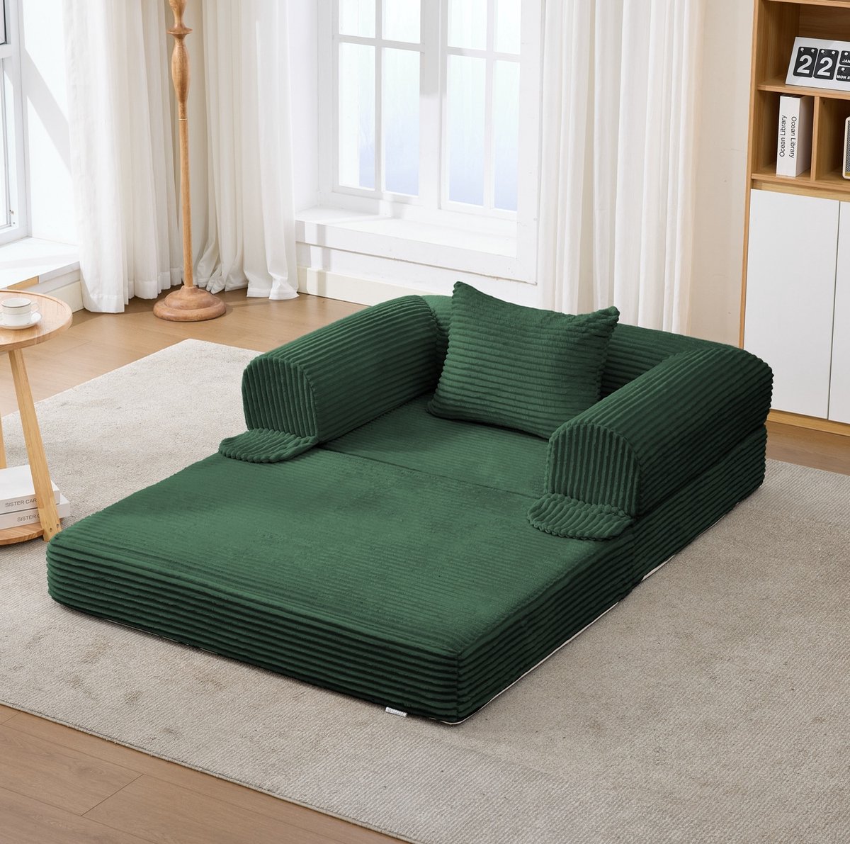 OKWISH Fauteuil Slaapbank 120 x 85 x 65 cm - Handmatig Uitklapbaar Eenpersoonsontwerp Met Kussen - Voor Woonkamer En Logeerkamer - Stof - Groen