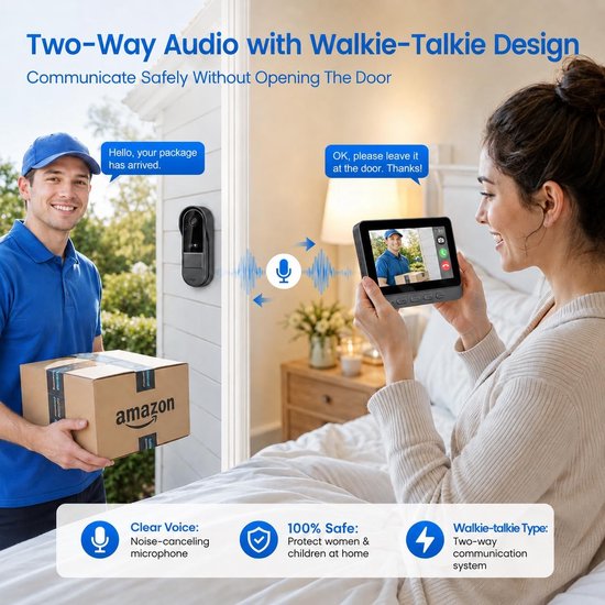 Draadloze Deurbel Camera - Video Intercom - Huis Beveiliging - Zonder Wifi App - 43 Inch Scherm - Zwart — afbeelding 3
