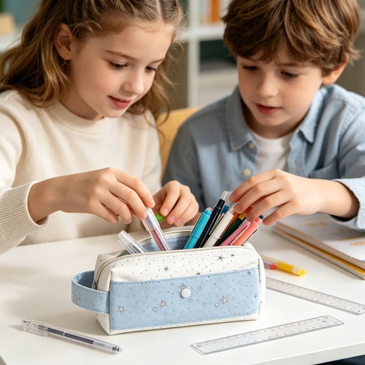 LISM-Grote etui voor kinderen, meerlaagse stoffen schrijftas, draagbare etui, geschikt voor basisschoolleerlingen - wit