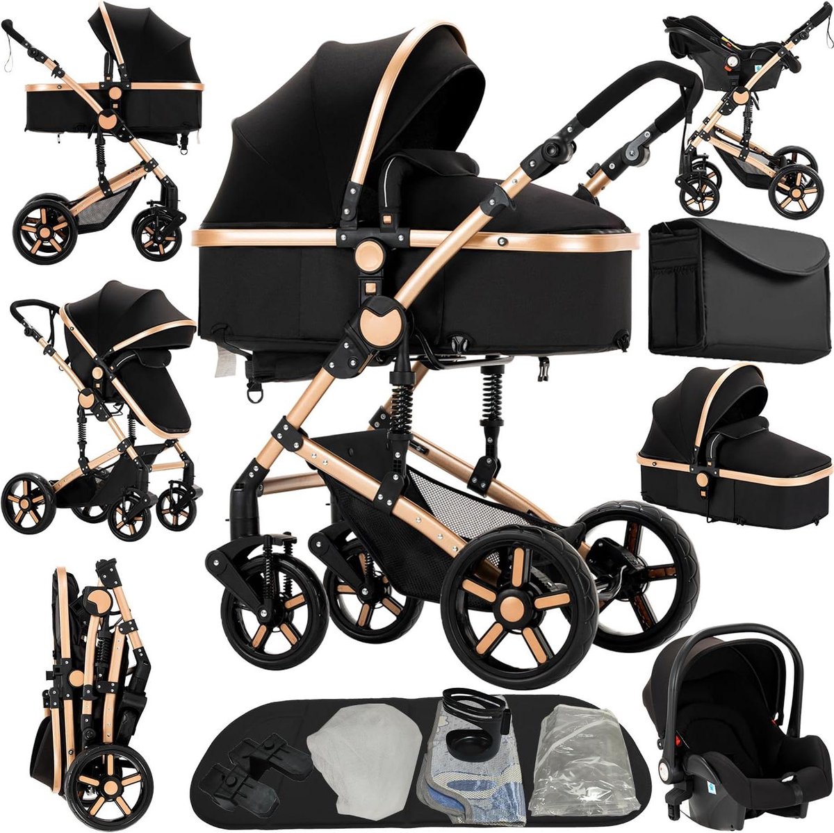 Baby Kinderwagen - Reiswieg Set - Comfortabel Reizen - Omkeerbare Zitting - 82 cm - Zwart Goud
