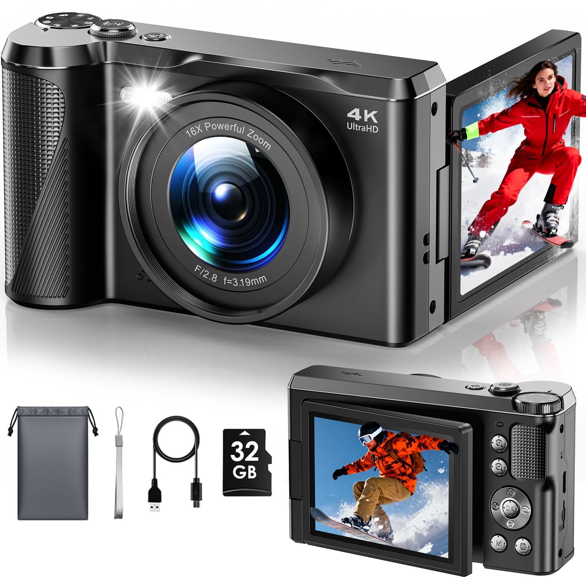 SnelShoppen - 4K Digitale Camera voor Fotografie, 56MP Punt-en-Schiet Camera met 3'' 180° Flip Scherm, Autofocus, 16X Zoom, Inclusief 32G Geheugenkaar
