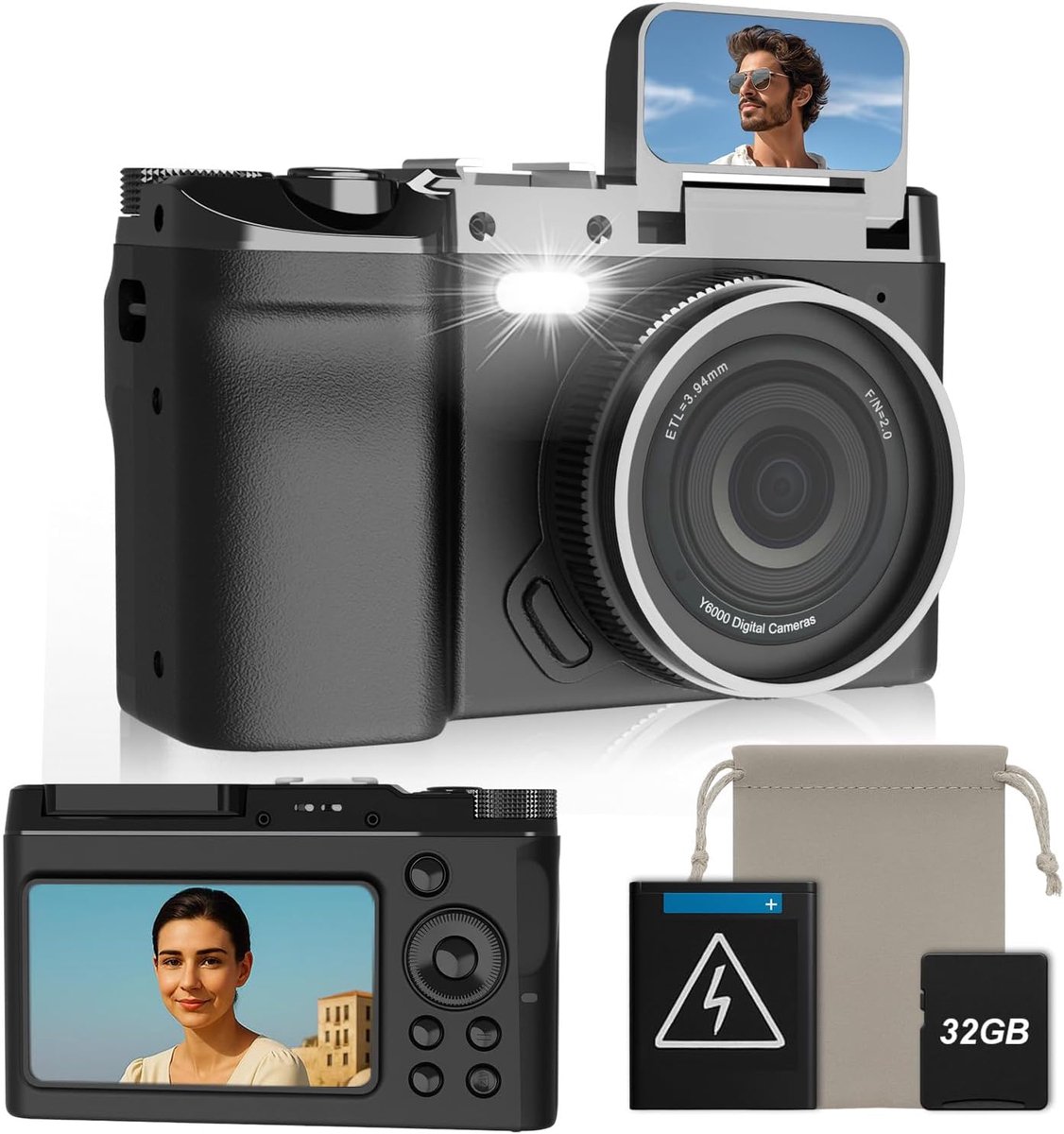 SnelShoppen - Digitale camera 4K 64 MP retrocamera met dubbel display, flits, lange batterijduur, 16-voudige zoom, vloggen en SD-kaart 32 GB