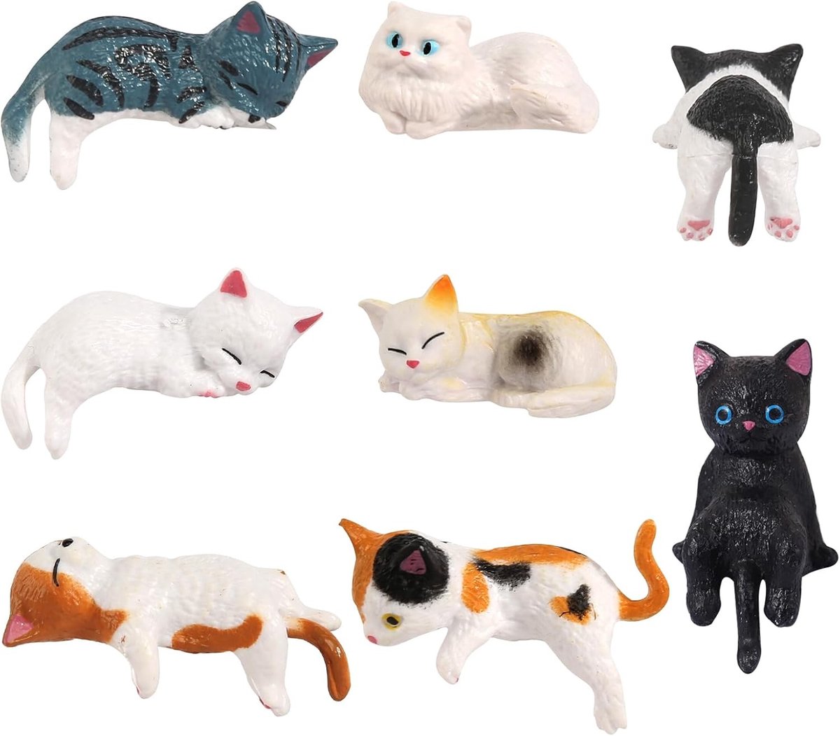 Set van 8 schattige mini-kattenfiguren voor bureau en kantoor, decoratieve miniaturen voor dierenliefhebbers, perfecte kattendecoratie voor binnen en aquarium