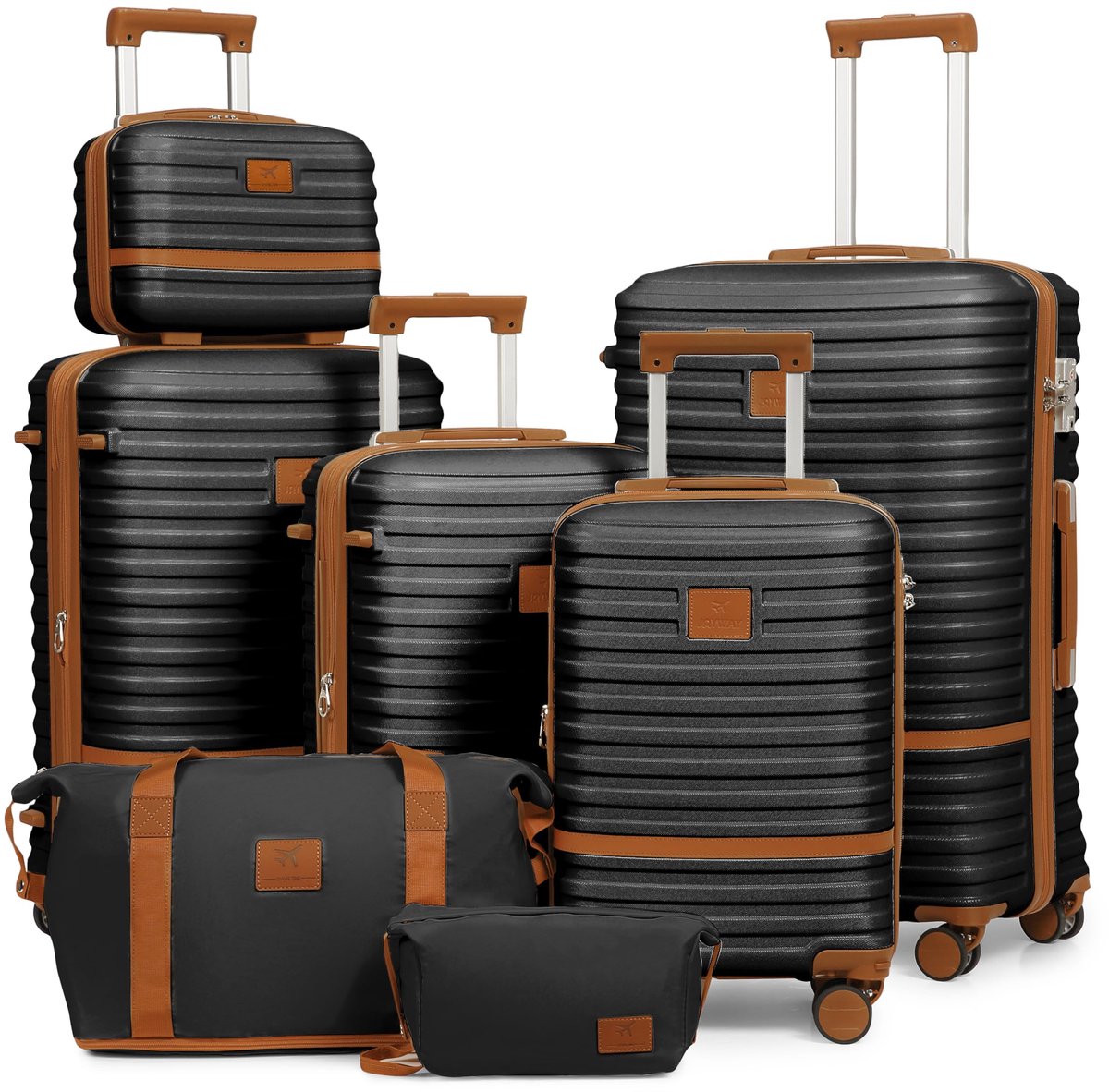 SnelShoppen - Joyway Koffer reiskoffer ABS hardshell uitbreidbare trolley kofferset 7tlg zwart/bruin voor vakantie, zakenreis, weekendje weg