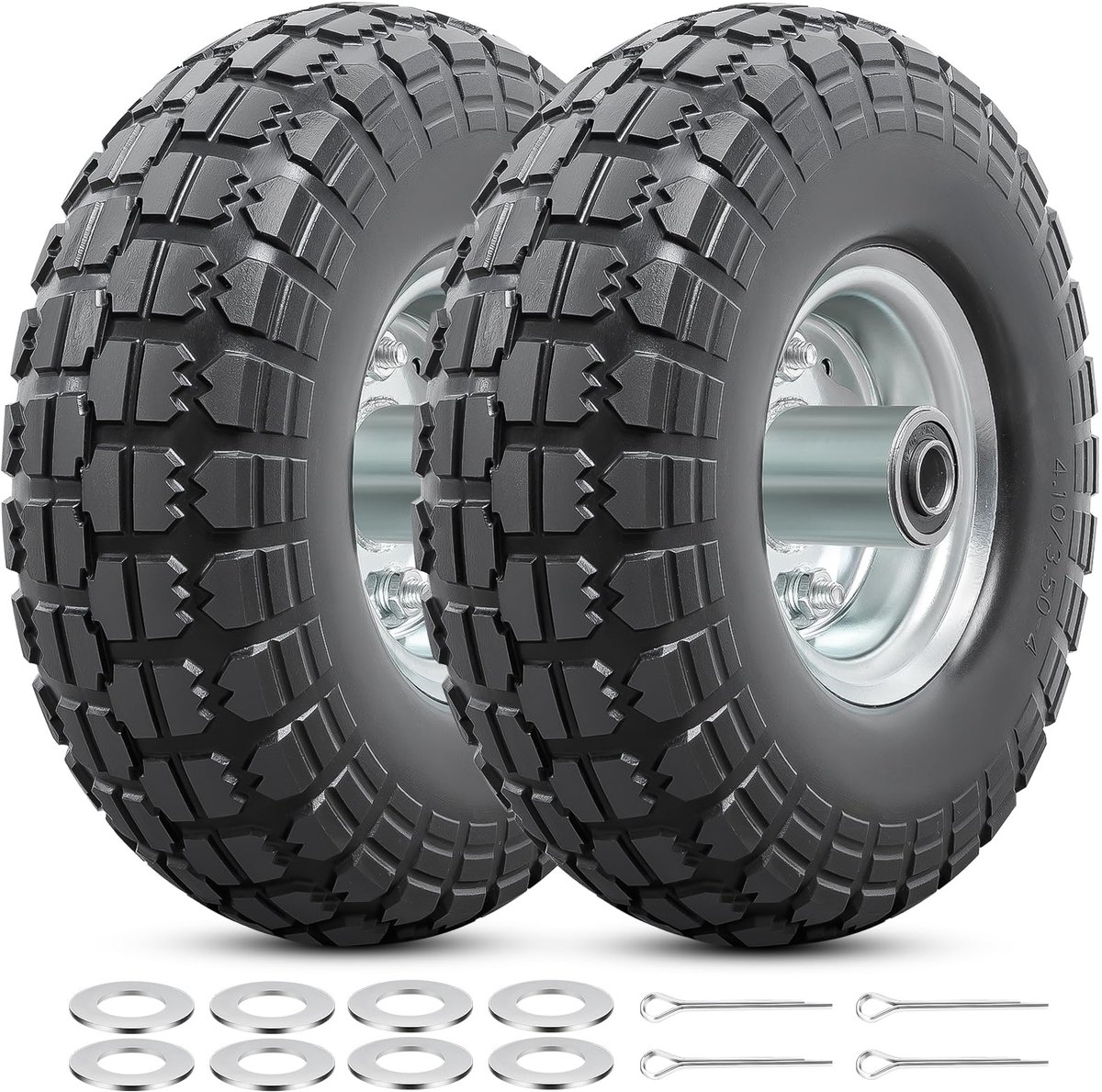 SnelShoppen - 2 stuks 4.10/3.50-4 banden en wielen met binnenband, luchtvrije massieve banden voor steekwagen, kruiwagen en wagen, 5/8 inch lagers, id