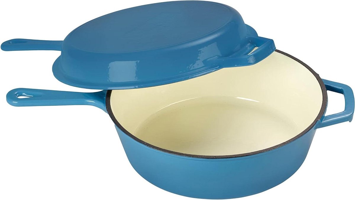 Gietijzeren braadpan - Hapjespan met deksel - Stoofgerechten maken - Deksel als grillpan - 25 liter - Lichtblauw