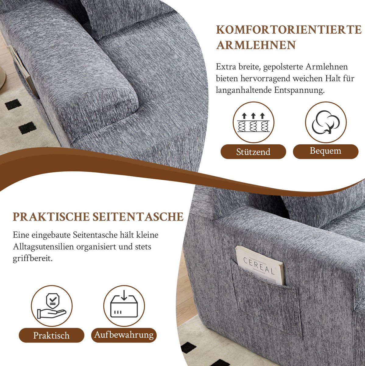 OKWISH Slaapbank 2-Zits 170 x 90 x 65 cm - Modulair Met Opbergvak, Kussens En Slaapfunctie - Voor Woonkamer Of Slaapkamer - Stof - Grijs