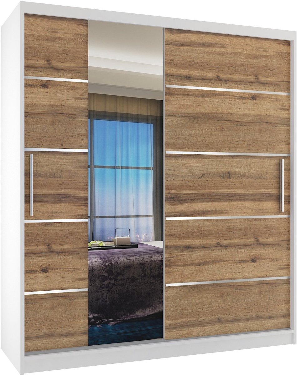 BELINI Verona MBP Schuifdeurkast 133 cm Wit/Goudbruin Mat - Kledingkast met Spiegel - Comfort Line Slaapkamerkast