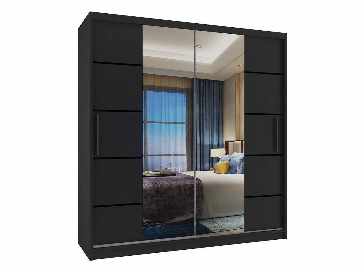 BELINI Verona ME Schuifdeurkast 158 cm Zwart Mat - Kledingkast met Spiegel - Comfort Line Slaapkamerkast