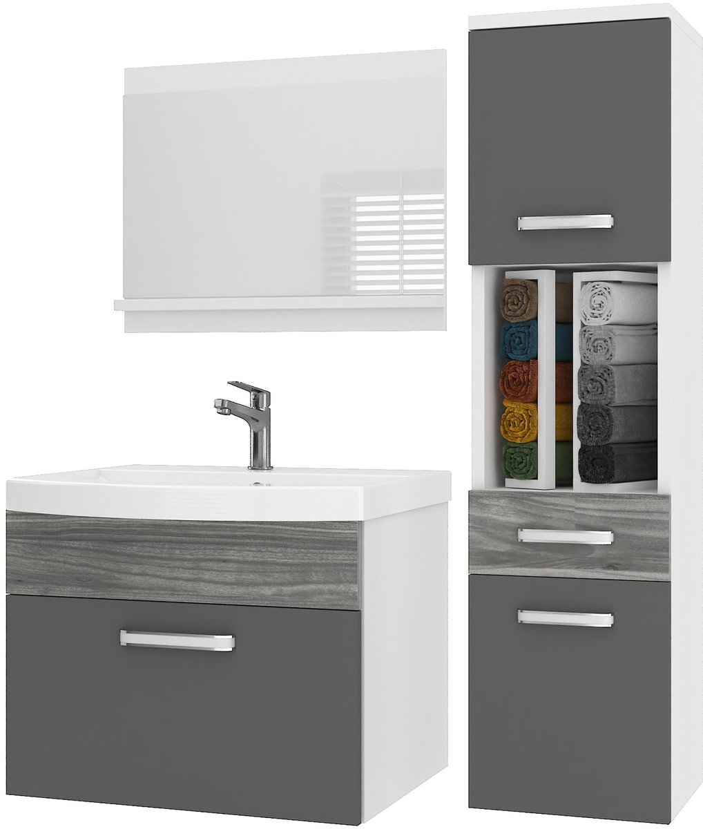 BELINI Badkamermeubel Set PRI PM3 - Badmeubelset 90 cm Grijs Glamour Hoogglans met Wastafel en Spiegel - Wandmontage