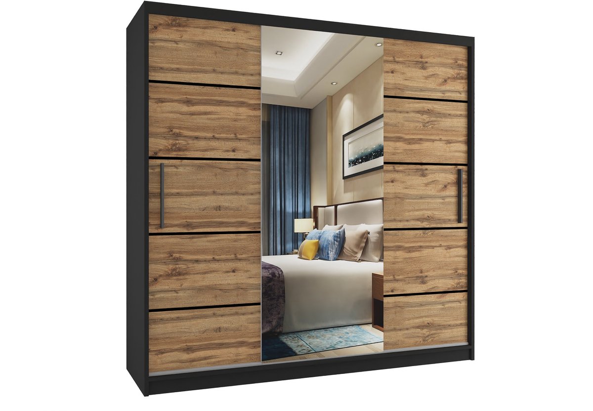 BELINI Verona MT Schuifdeurkast 200 cm Zwart/Goudbruin Mat - Kledingkast met Spiegel & Lades - Comfort Line Driedeurkast