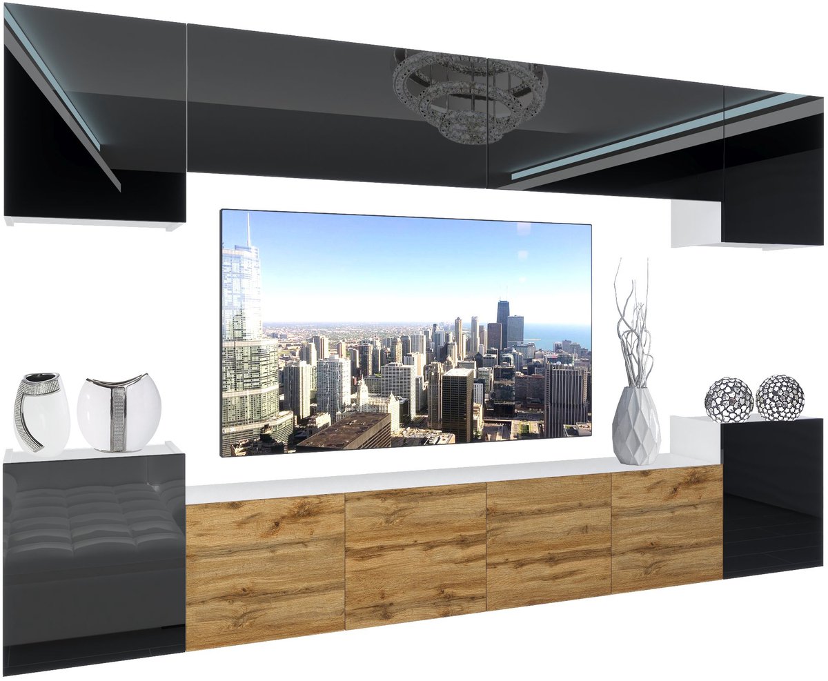 BELINI Wandmeubel NEX 4 - TV-Wandkast Set met LED-Verlichting Zwart / Wotan Eiken - Hoogglans Fronten