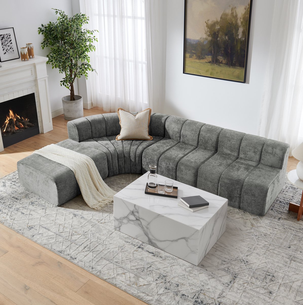 OKWISH Hoekbank 283 x 198 cm - Vrij Combineerbaar Modulair 4-Zits Ontwerp - Multifunctionele Modules Voor Woonkamer - Chenille - Grijs