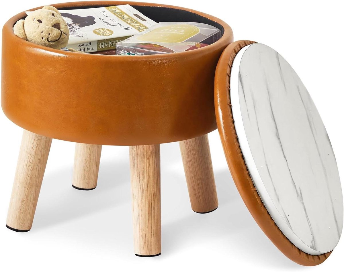Voetenbank met Opbergruimte - Ronde Poef - Extra Zetel - Zachte Sponge Vulling - 33 cm Hoog - Bruin