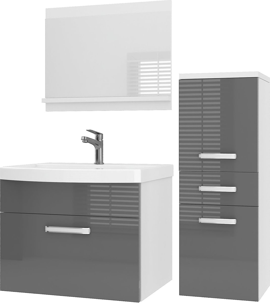 BELINI Badkamermeubel Set PRI P2 - Badmeubelset 90 cm Grijs Hoogglans met Wastafel en Spiegel - Wandmontage