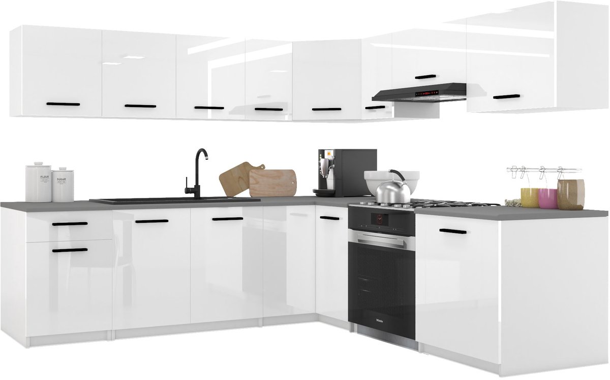 BELINI Keukenblok ITALIA 7 - Keukenmeubel Set 420 cm Wit Hoogglans met Werkbladen - Boven- en Onderkasten