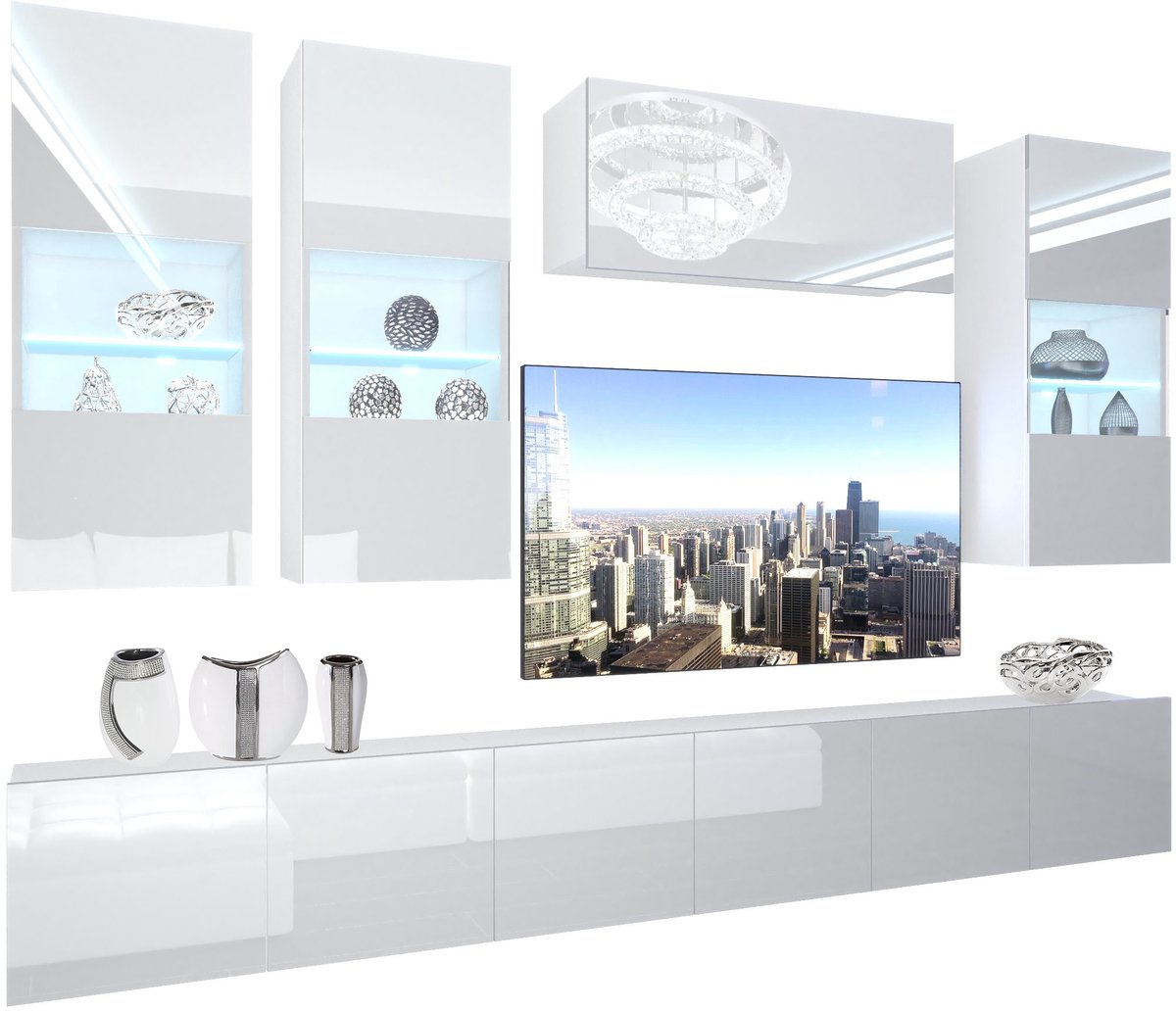 BELINI Wandmeubel NEX 5 - TV-Wandkast Set met LED-Verlichting Wit - Hoogglans Fronten