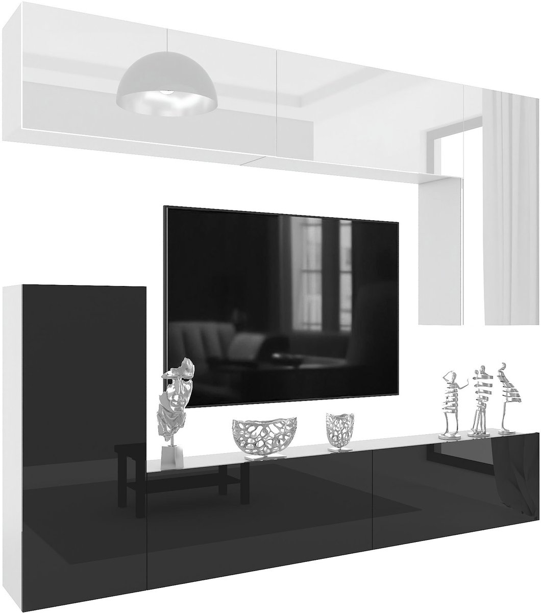 BELINI Wandmeubel Milano 8 250 cm Zwart Hoogglans/Wit Hoogglans - TV-Wand Greeploos - Mode