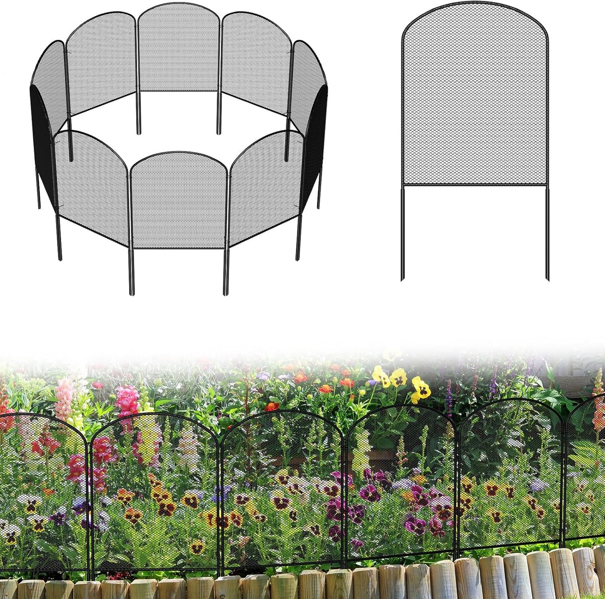 SnelShoppen - Dier barrière omheining, 10 stuks, metalen mesh, decoratief tuinhek, 61 cm x 3 m, gebogen design, roestvrij, geen graven nodig, omheinin