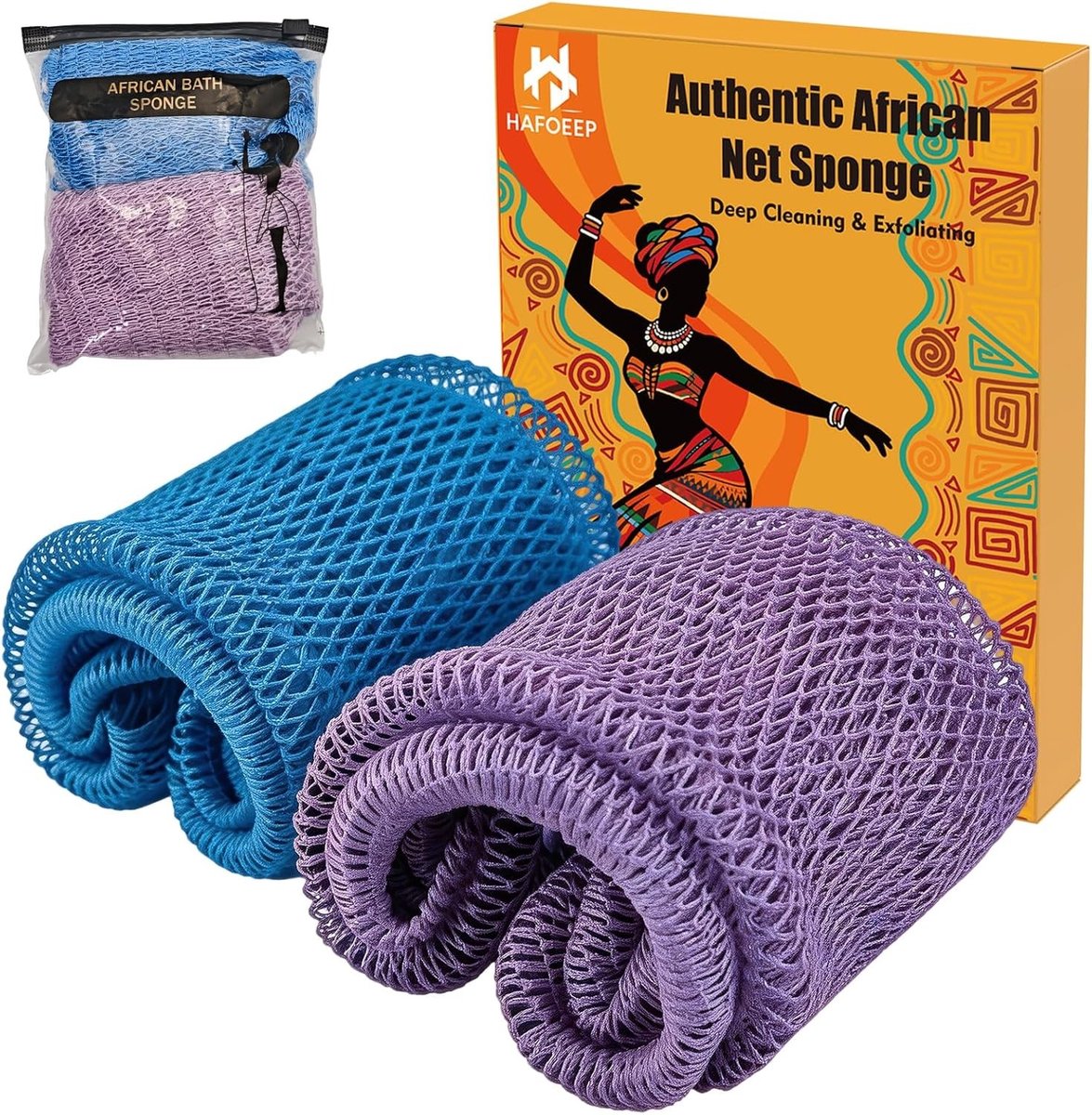 2 Stuks Afrikaanse Net Spons - Lichaamsspons voor Exfoliatie, Douche en Bad, Ideaal voor Peeling en Verzorging van de Huid