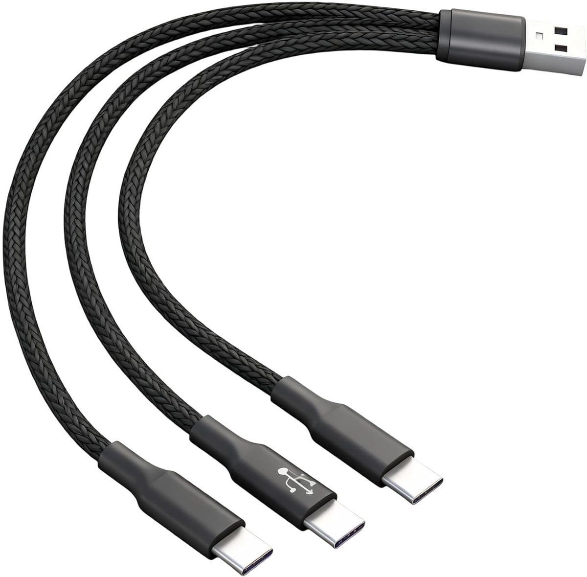 USB C Splitter Kabel voor Meerdere Apparaten, 3 x 0.2m Snellader, Nylon Gewikkeld, 5A Opladen voor Smartphone en Accessoires