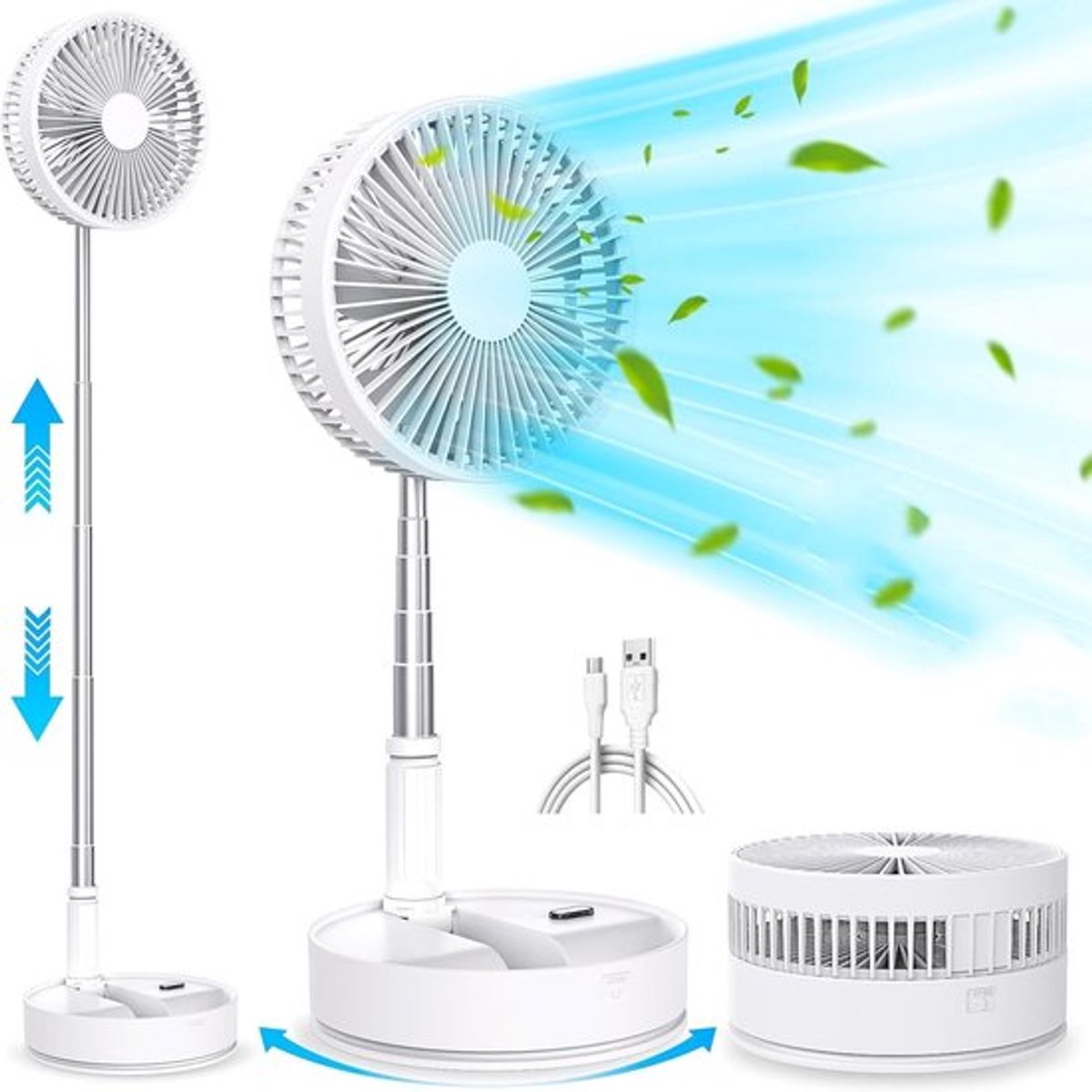 2-in-1 draadloze opvouwbare draagbare ventilator, elektrische bureauventilator voor thuis, 4 instelbare snelheden, oplaadbare batterij