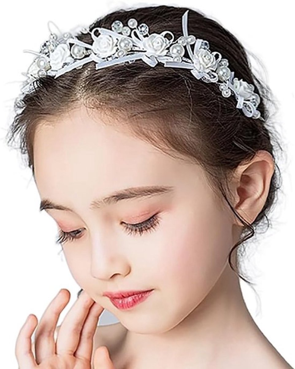 Prinsessen Haaraccessoires met Witte Bloemen en Parels voor Communie en Bruiloft van Meisjes