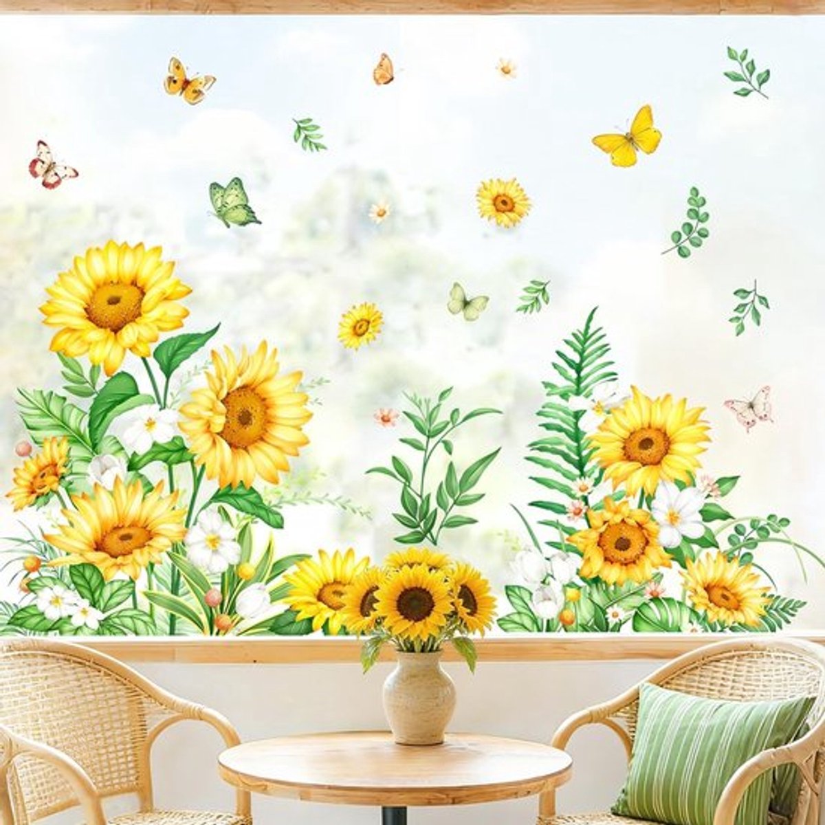 Zonnebloem Vlinder Raamstickers voor Decoratie - Dubbelzijdige Plantenafbeeldingen voor Tuin en Glasdeuren, Anti-botsing en Creatieve Raamdecoratie