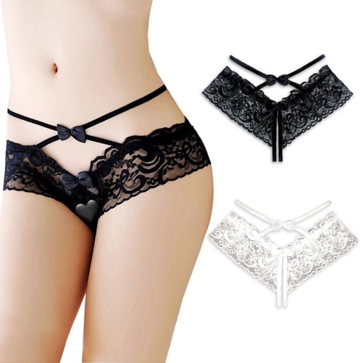 Chique kanten open-string voor dames - Transparante lage taille slipjes - Sexy ondergoedset in zwart en wit, one size, perfect voor speciale gelegenheden